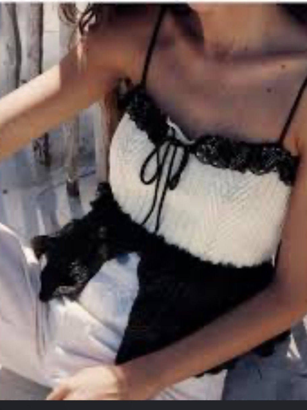 Zara Black & White Lace-Trim Tie-Front Cami